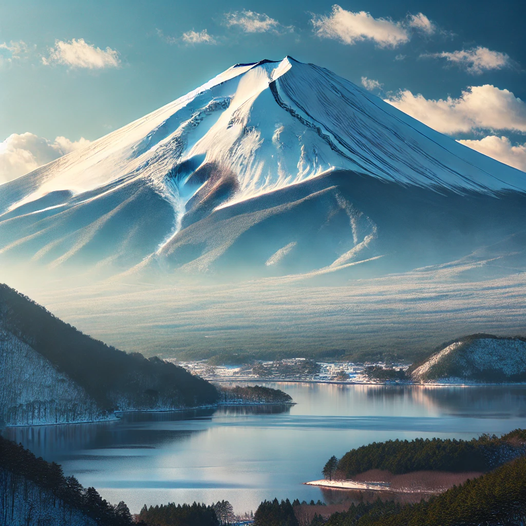 冠雪の富士山と快晴の空のイメージ、富士山曼荼羅の中の一点。 