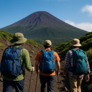 富士山 吉田口の参道を歩く登山者