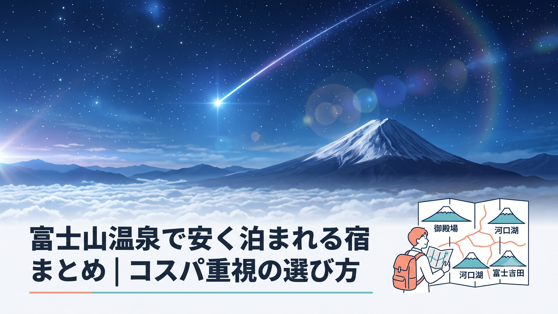富士山を背景に御殿場と河口湖と富士吉田の温泉宿6軒を地図で比較する旅行者