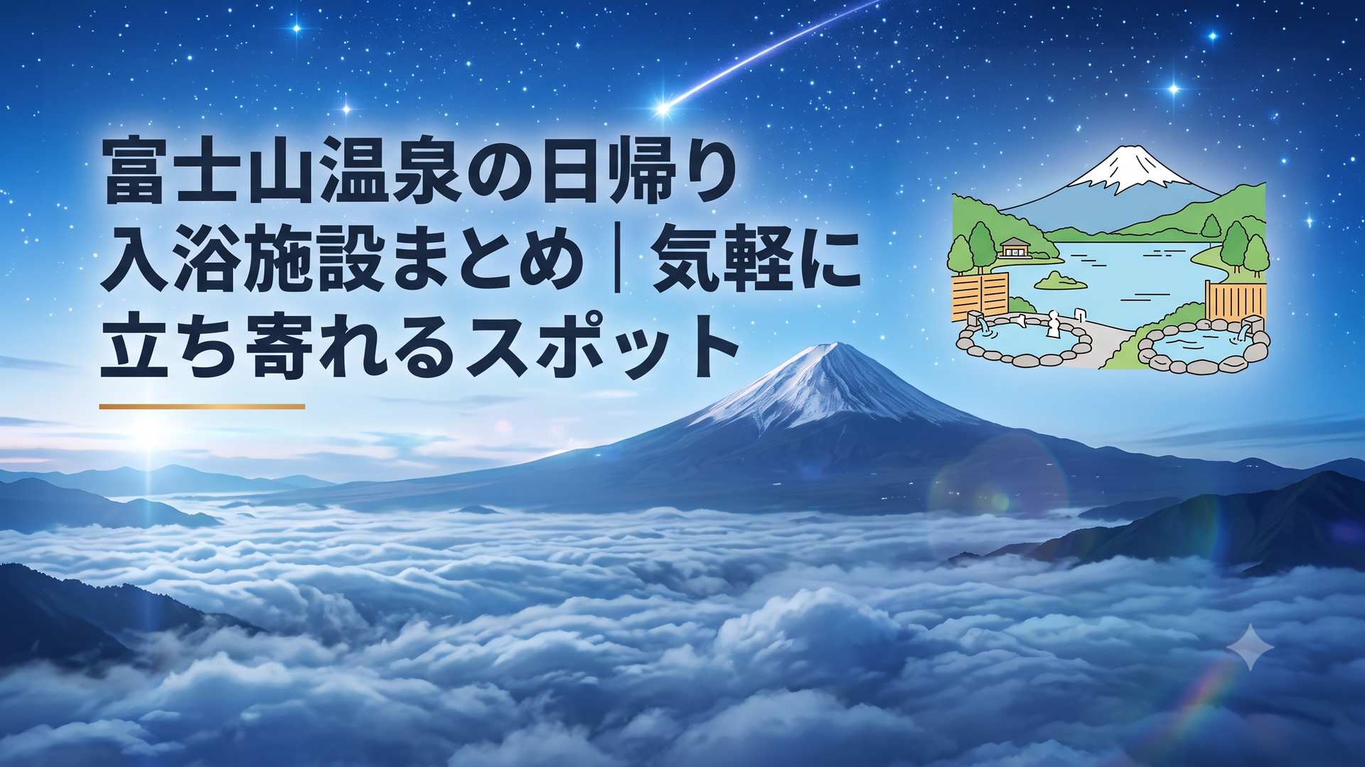 夏の富士山を背景に露天風呂と2つの日帰り温泉施設が見える富士五湖の風景