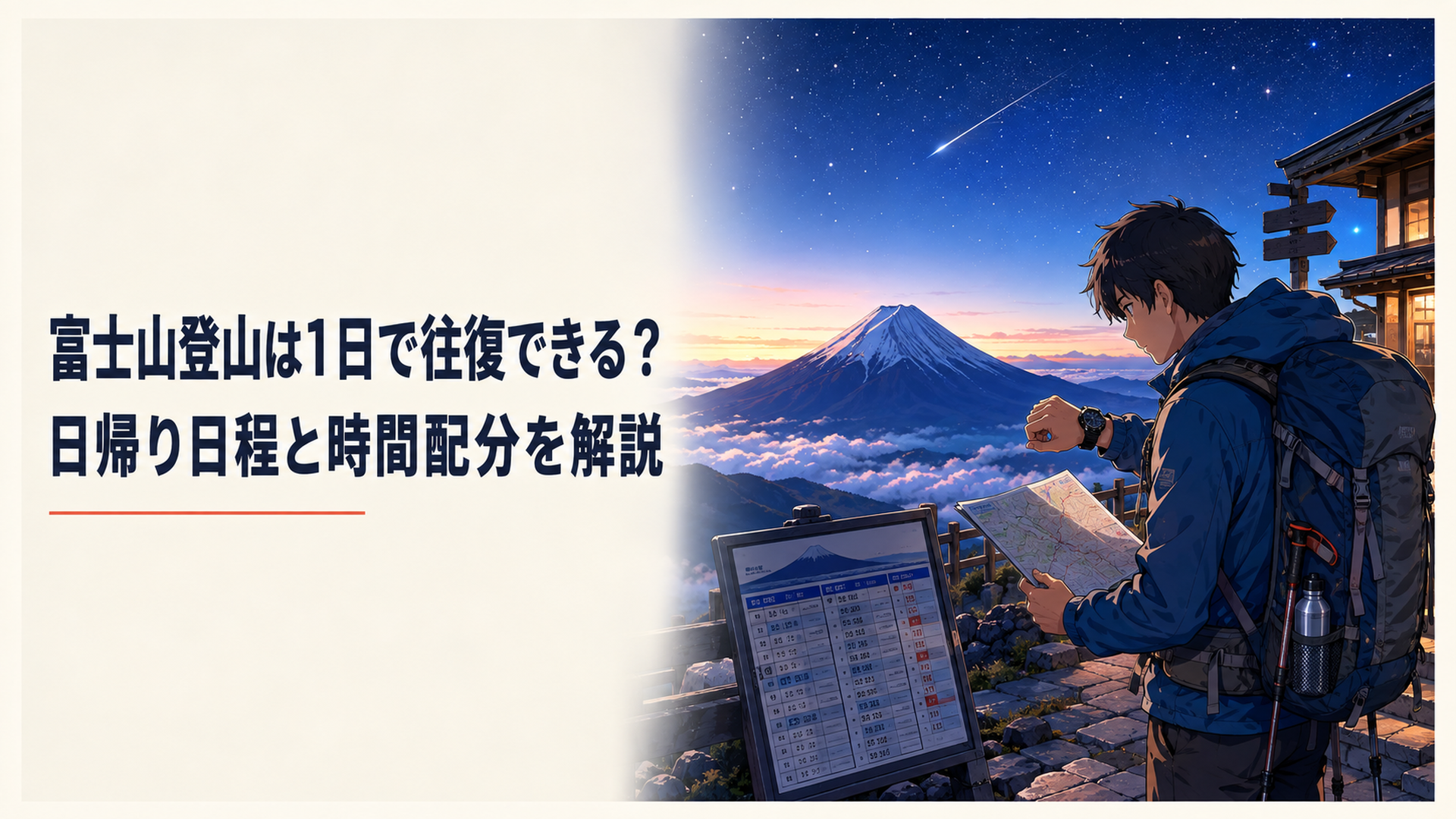 早朝の富士山五合目で地図と時計とバス時刻表を確認しながら日帰り登山を計画する登山者