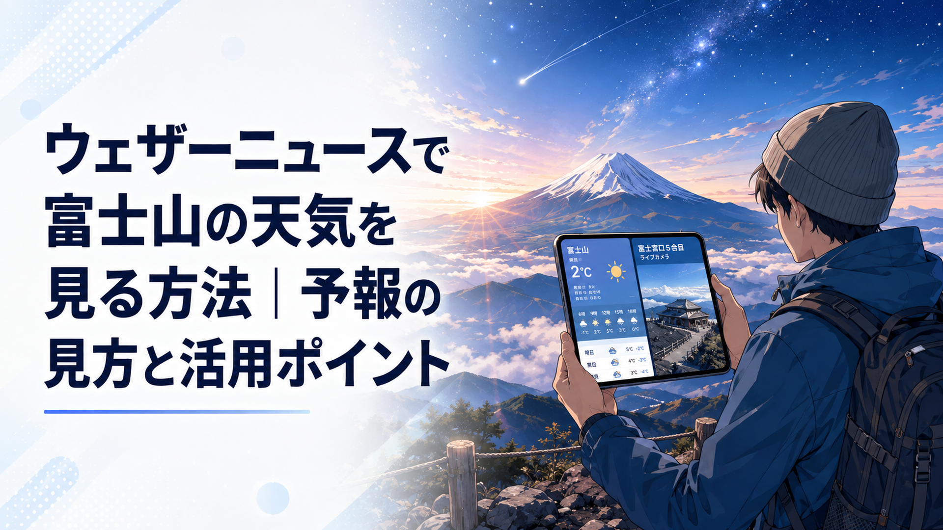 ウェザーニュースの富士山天気と富士宮口五合目のライブ映像をスマートフォンで比較する登山者