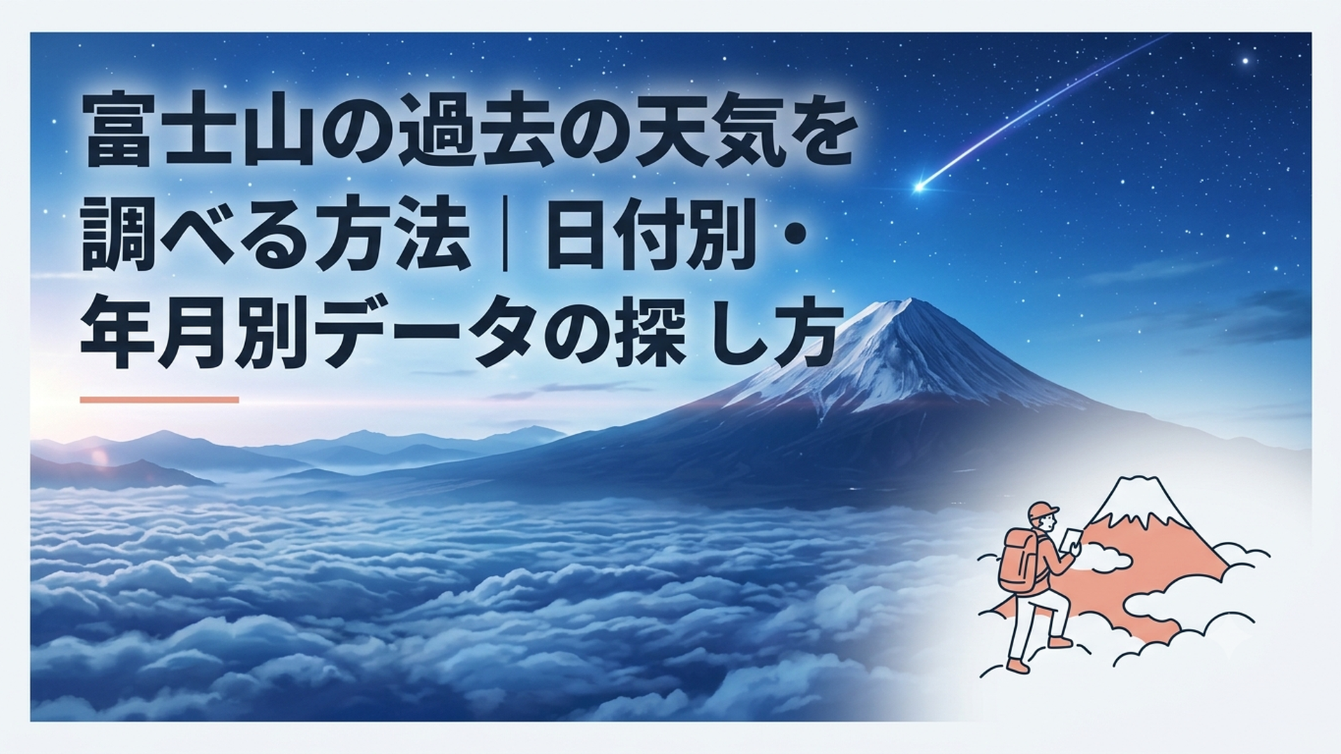 気象庁の過去データを確認する登山者と雲に包まれた富士山