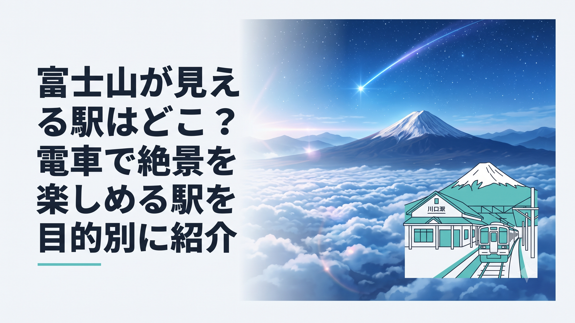 河口湖駅の駅舎と停車中の列車、その背後に大きくそびえる富士山を望む朝の風景