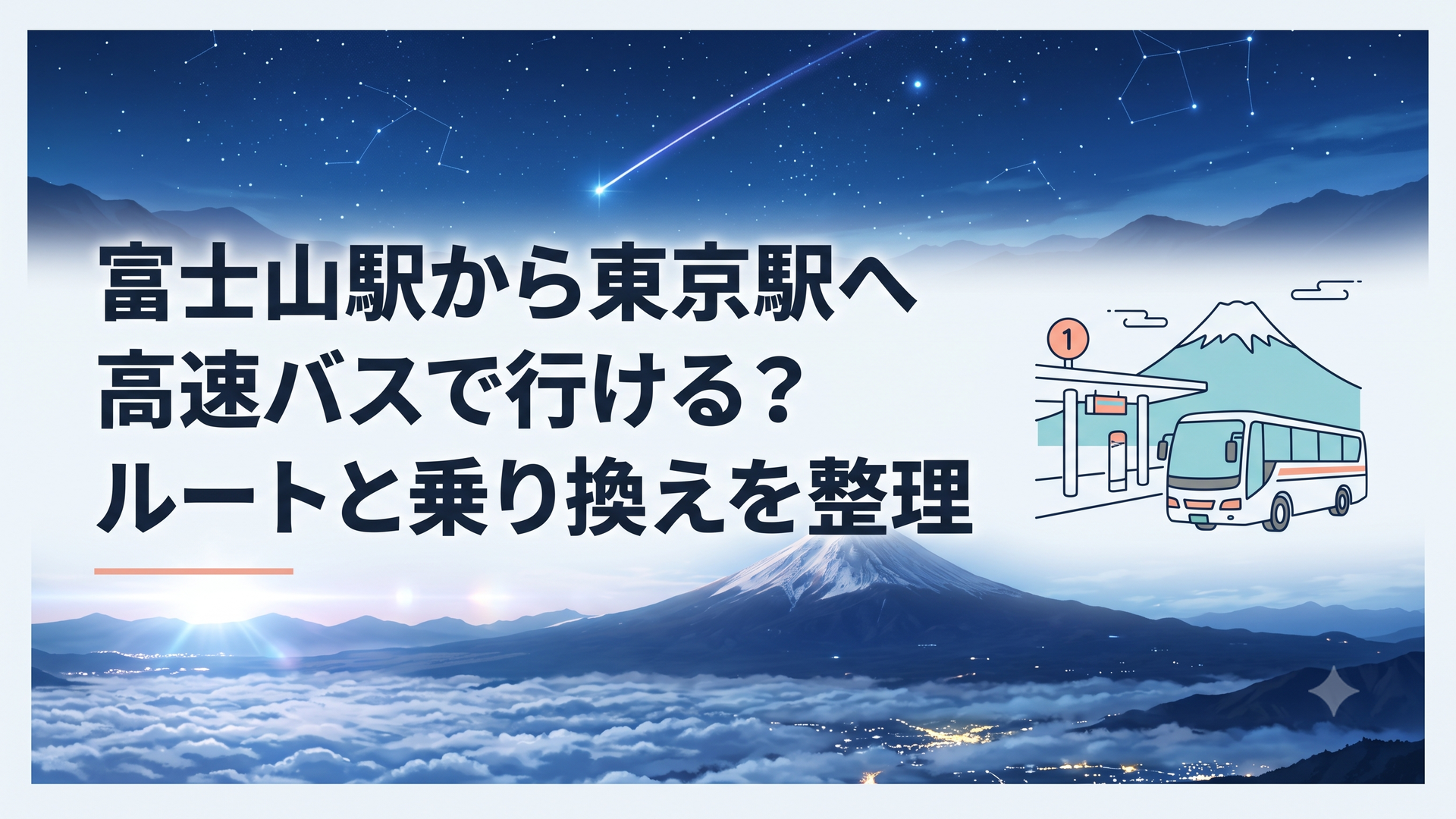富士山を背景に富士山駅1番乗り場から東京駅行き高速バスが出発する朝の風景