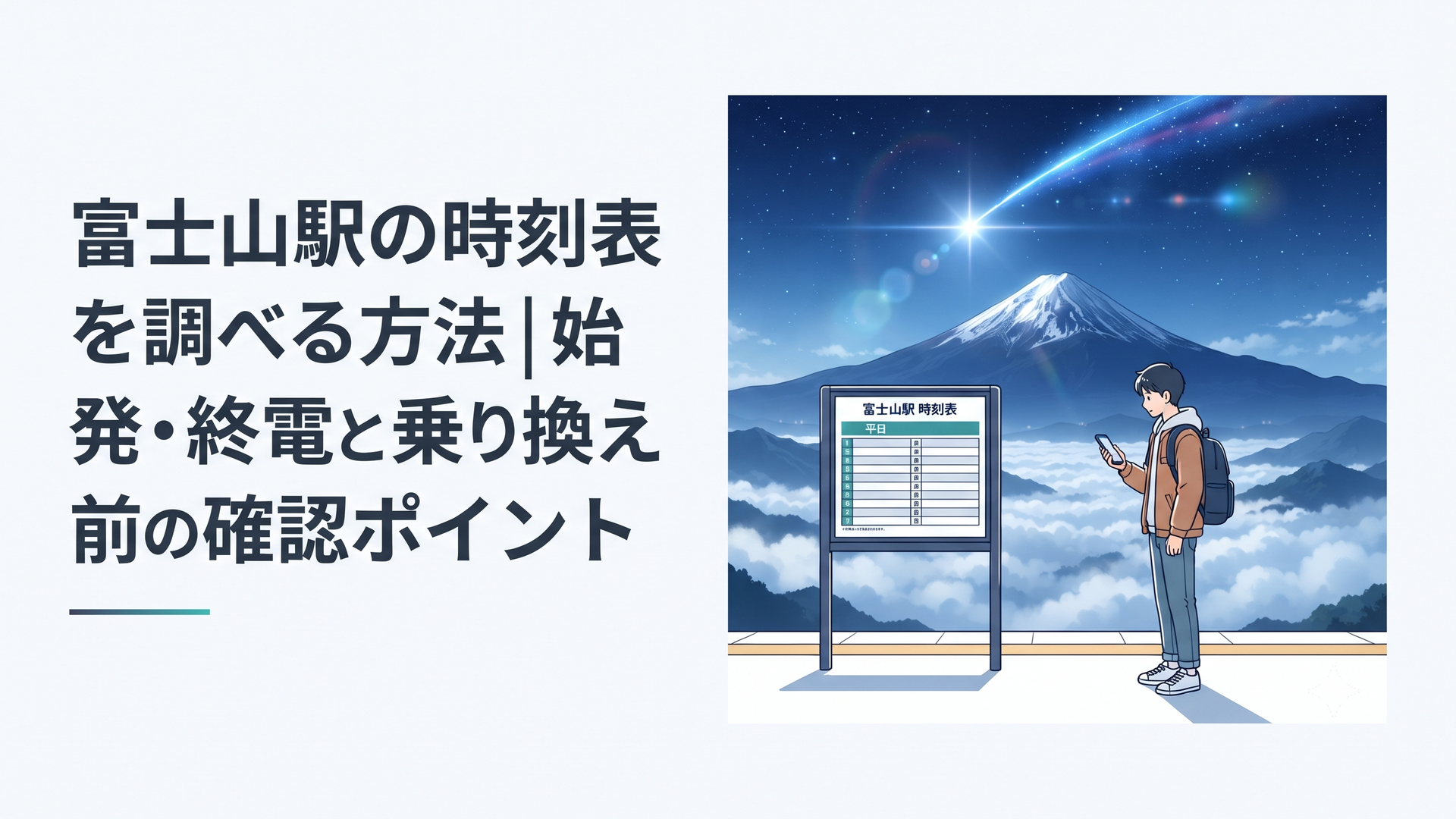 富士山を背景にした富士山駅のホームで平日時刻表を確認する旅行者