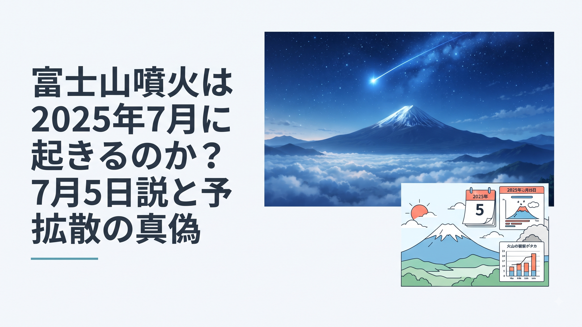 夏の富士山と2025年7月5日のカレンダー、火山観測データを対比した風景