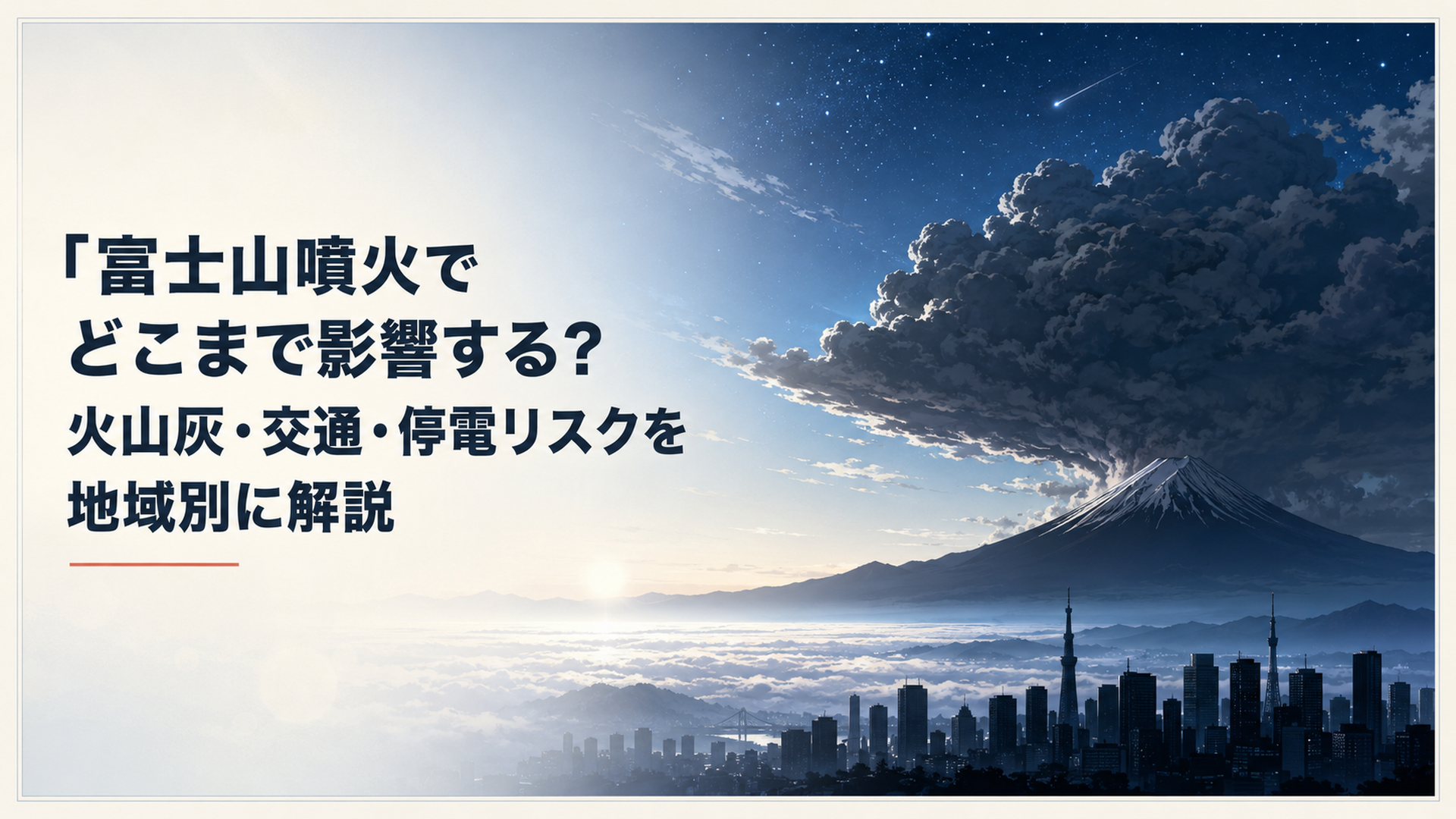 空を薄暗く覆う巨大な火山灰の雲と、その下で黒いシルエットとして浮かび上がる富士山、そして光を失った首都圏のビル群