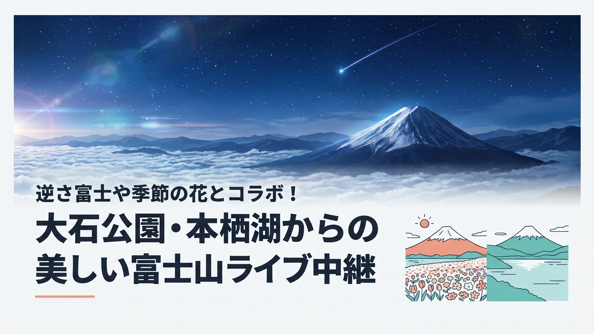 季節の花が広がる河口湖の大石公園と静かな本栖湖から望む富士山を左右に対比した朝景色