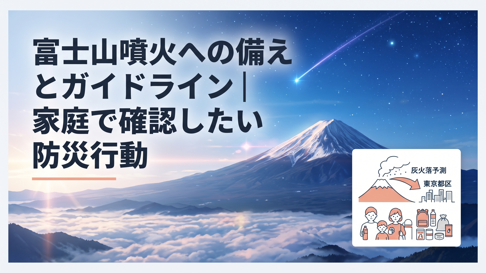 富士山から首都圏へ広がる降灰予測と家庭の防災用品を示す場面