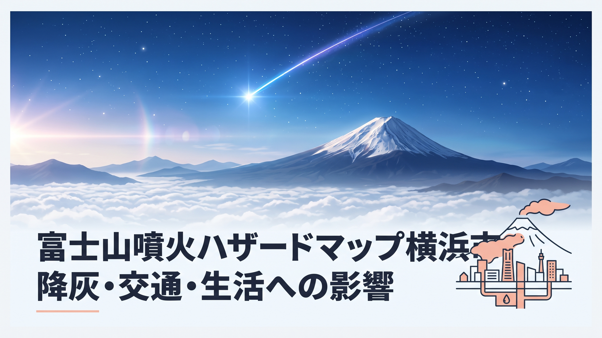 富士山から横浜市街へ広がる火山灰と下水道網を重ねた広域降灰防災イメージ