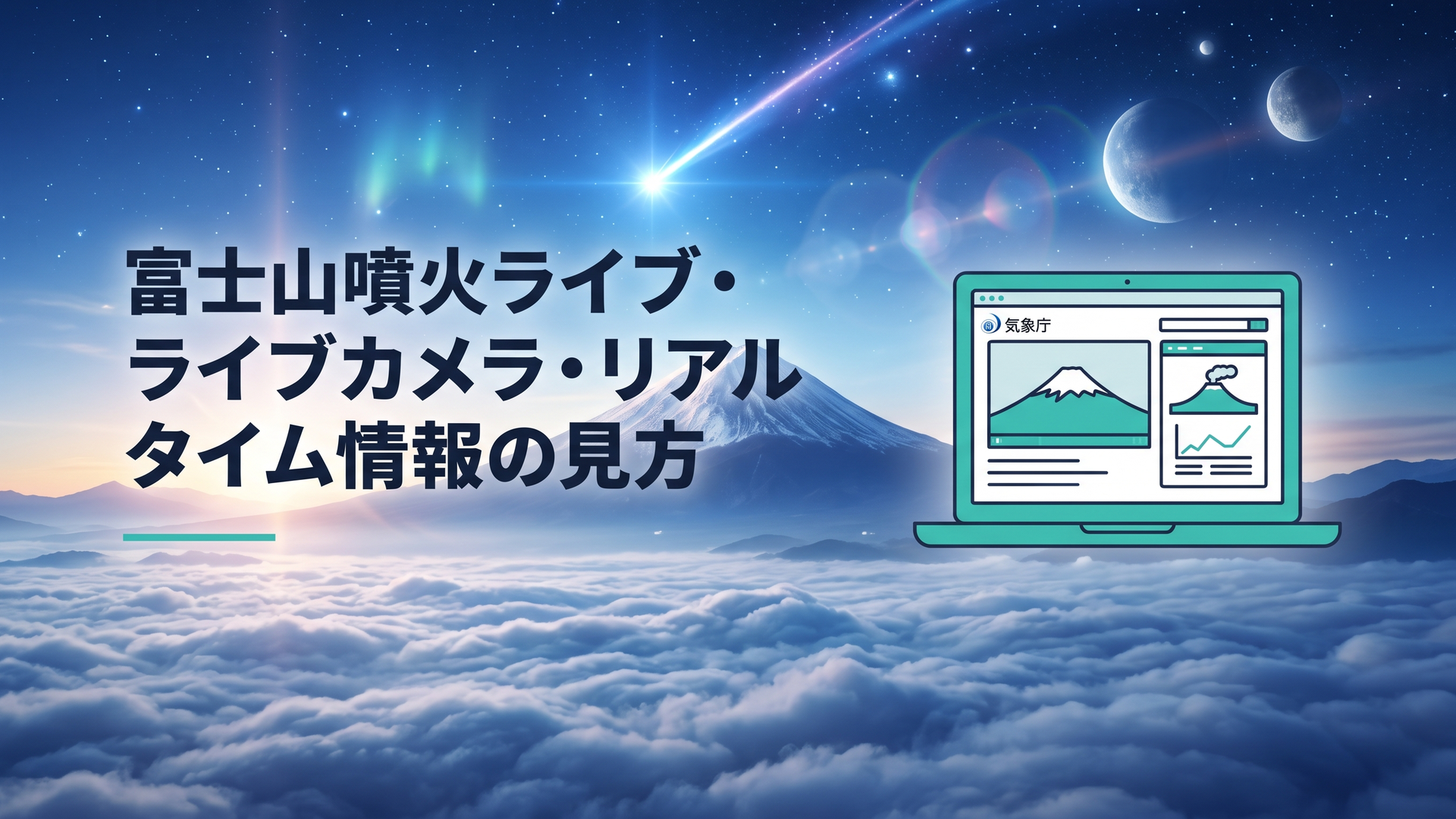 富士山ライブカメラと気象庁の最新火山情報を確認するパソコン画面