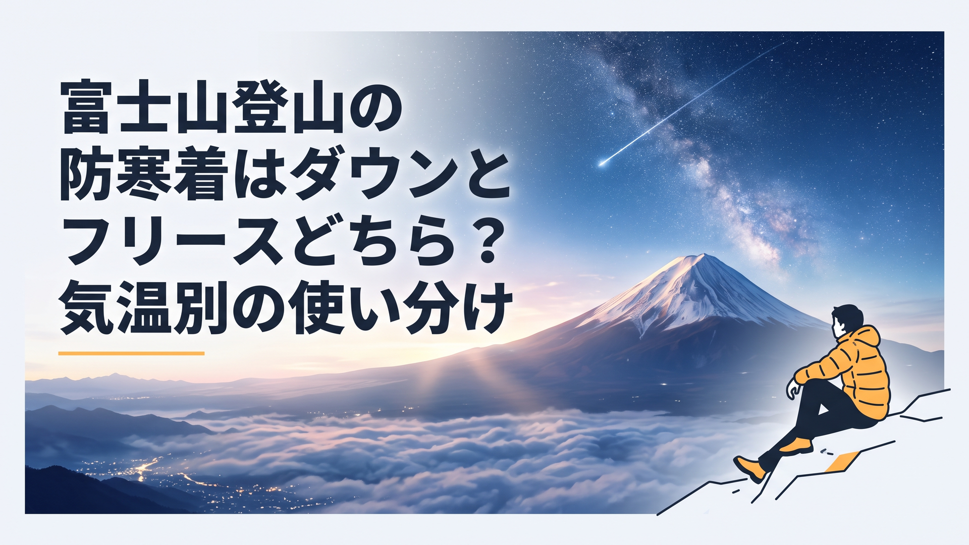 夜明け前の富士山頂で、ダウンジャケットを着てご来光を待つ登山者のシルエット