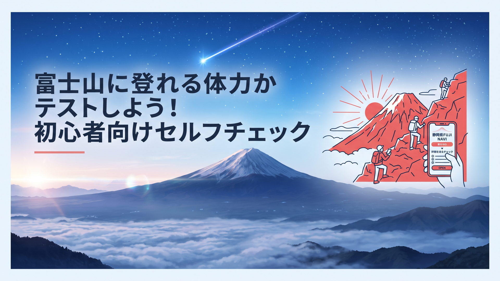 朝日に赤く染まる富士山の荒々しい山肌と、スマートフォンで「静岡県FUJI NAVI」を開いて手続きを確認する登山者たちの姿