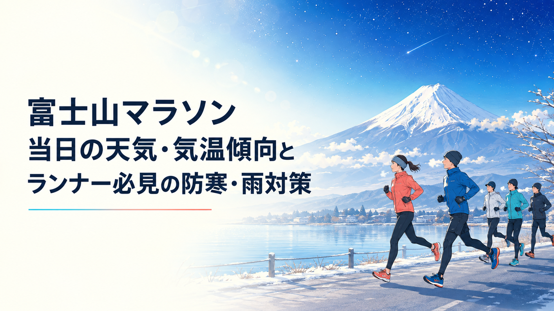 雪化粧した雄大な富士山を背景に、冬の張り詰めた空気の中を河口湖畔に沿って力強く駆け抜けるランナーたちの姿