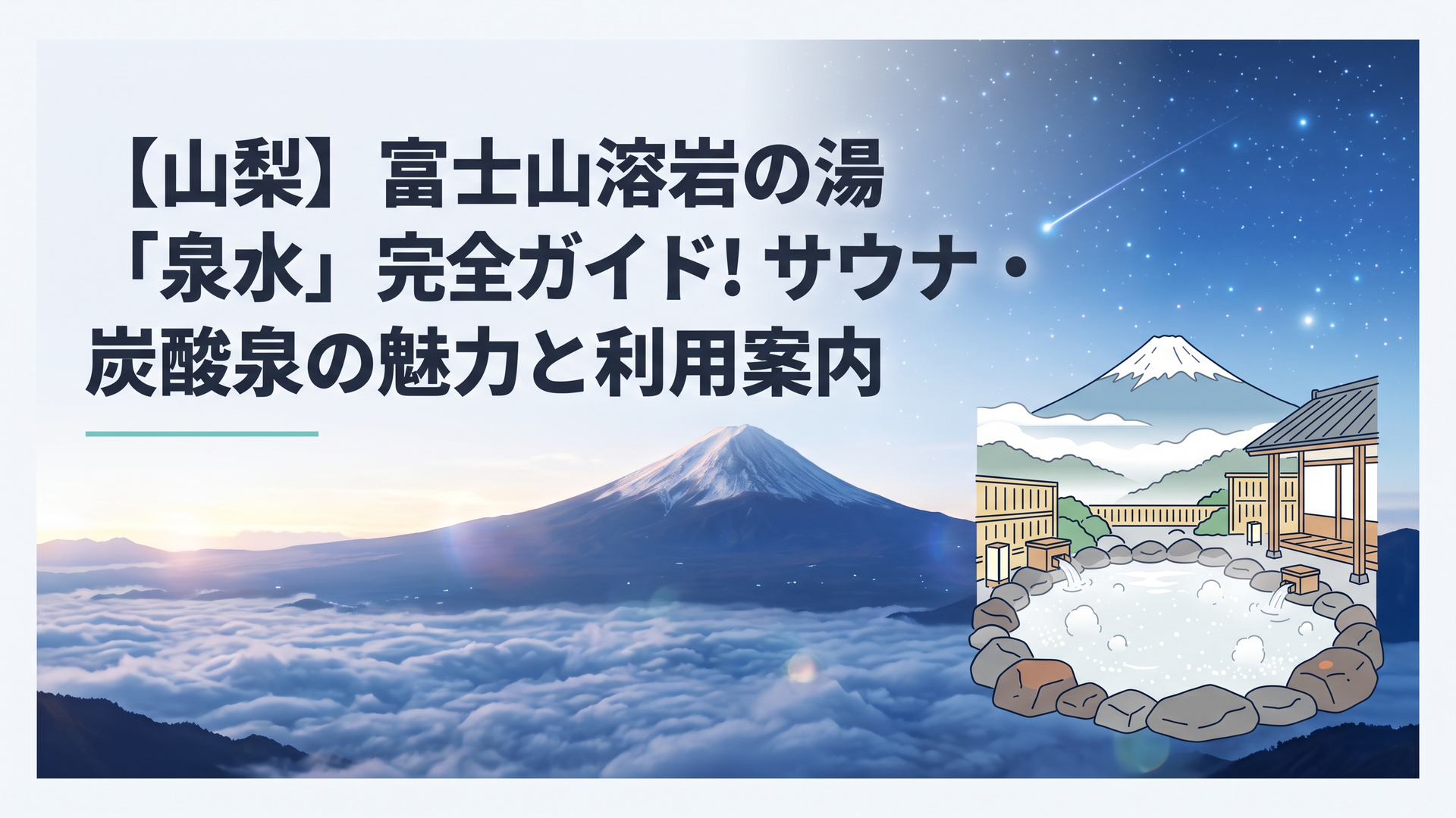 朝霧が晴れゆく雄大な富士山を背景に、微細な気泡が白く濁る露天風呂と溶岩石が配置された静寂な温泉施設の風景