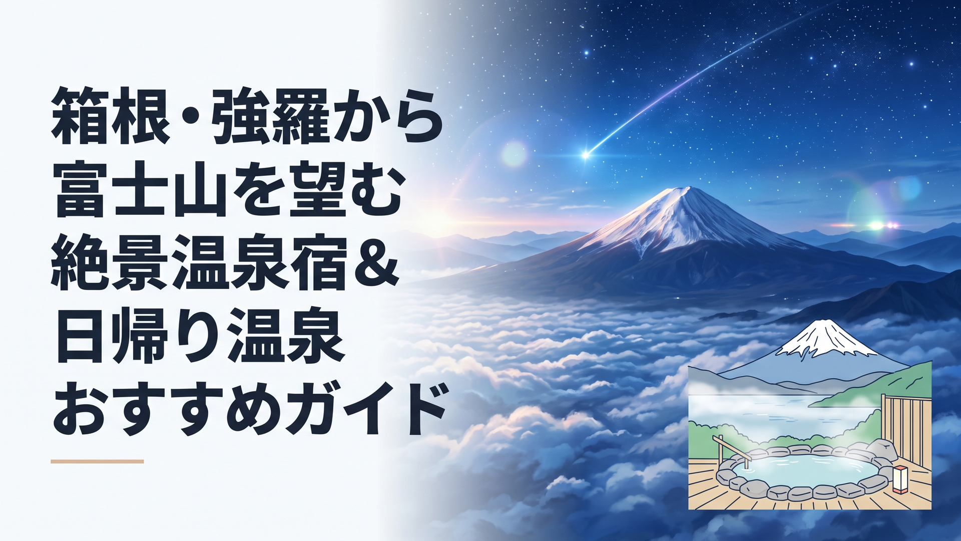 朝靄に包まれる芦ノ湖と、その奥に雄大にそびえる雪化粧の富士山を望む絶景露天風呂の風景