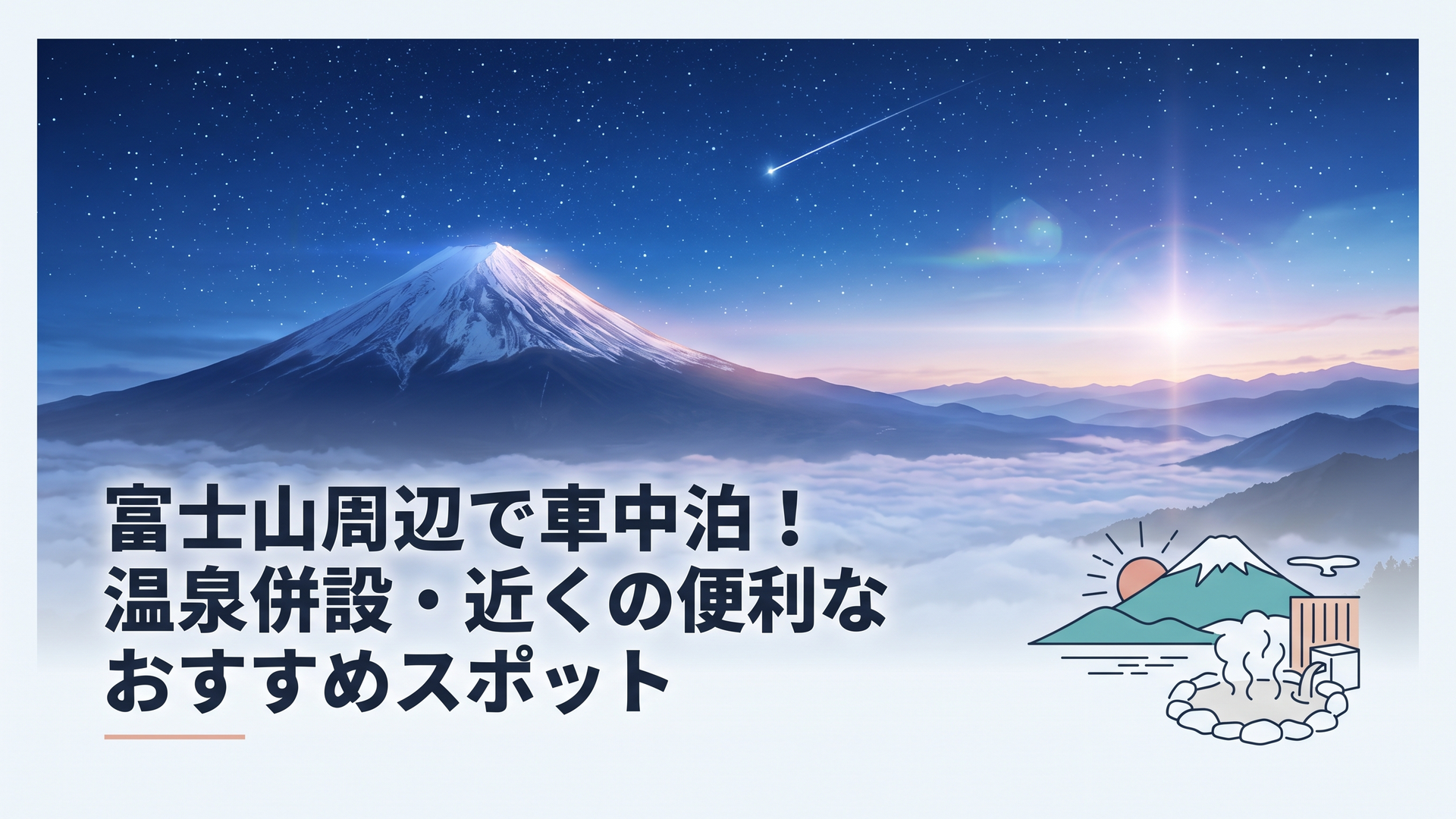 朝焼けの富士山を望むHESTA富士河口湖のRVパークとホテル温泉の湯けむり