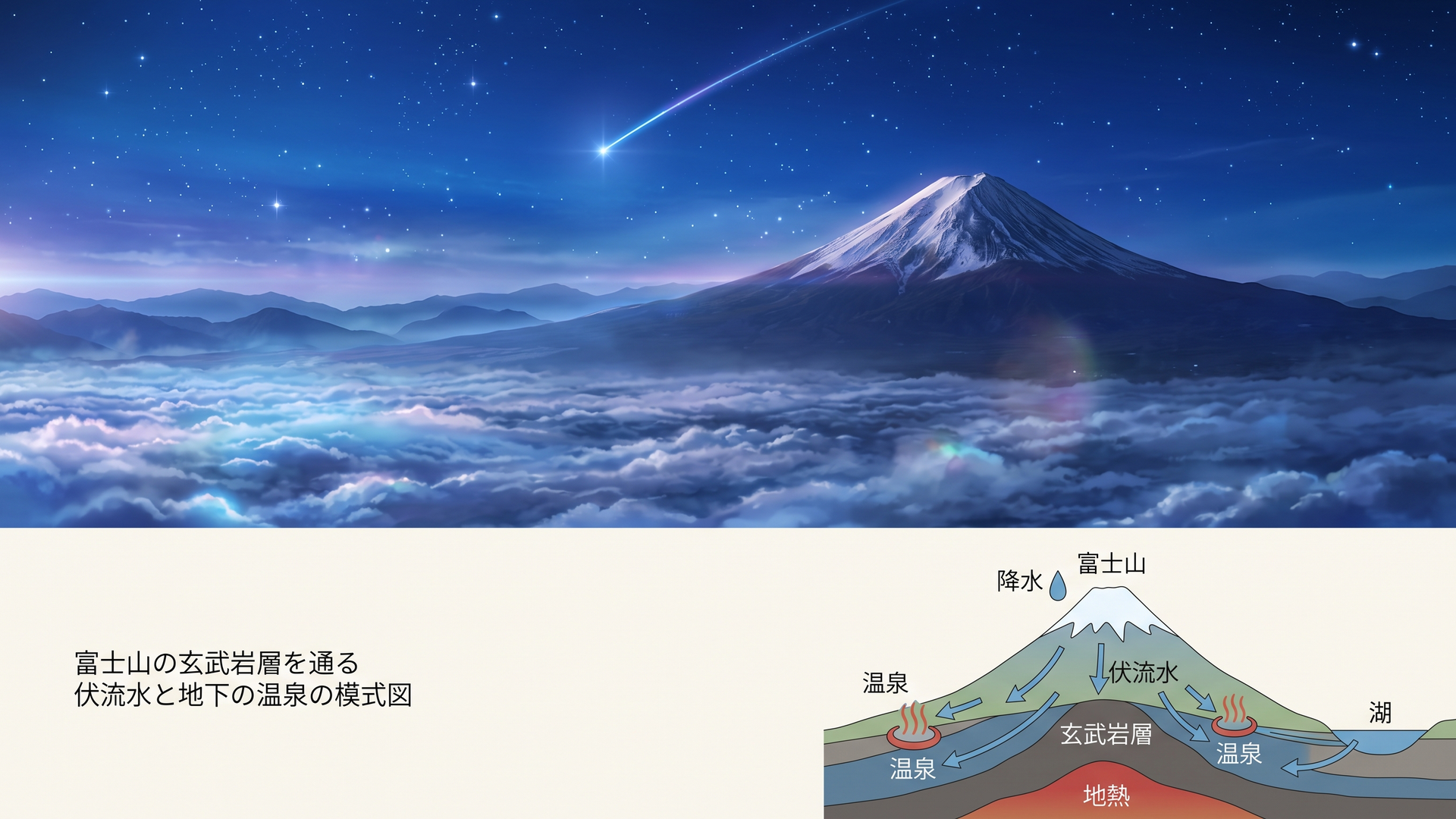 富士山の玄武岩層を通る伏流水と地下の温泉の模式図