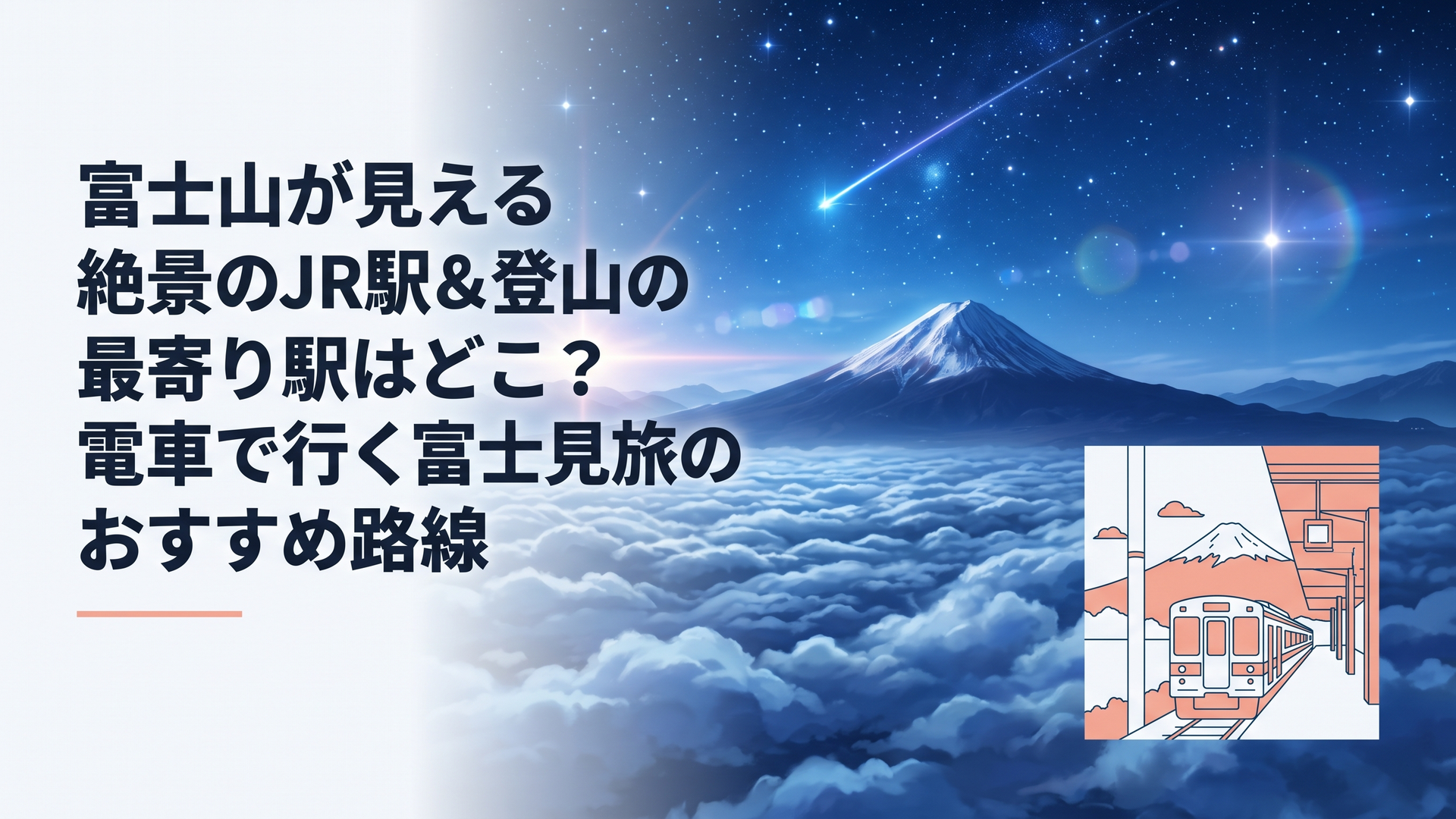 富士山を正面に望む駅のホームへ列車が到着する早朝の風景
