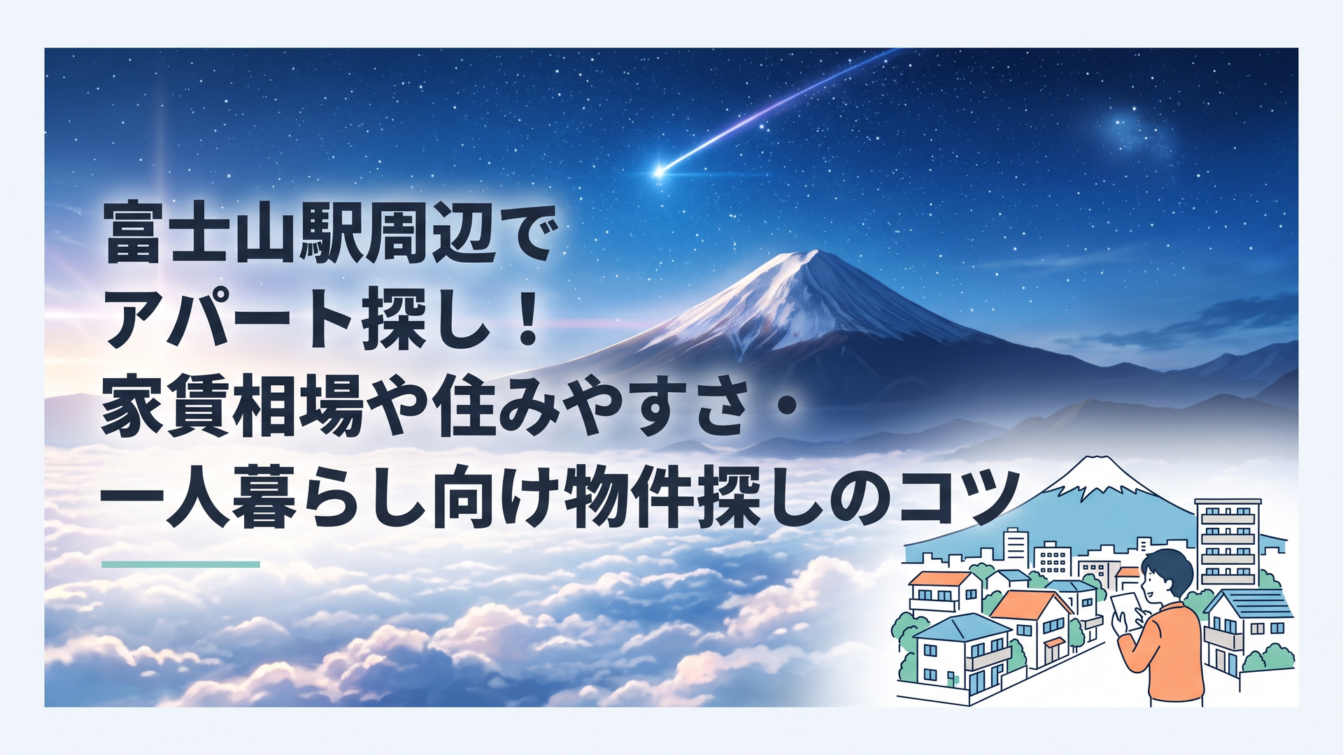 富士山を望む富士山駅周辺の住宅街とアパートを探す若者