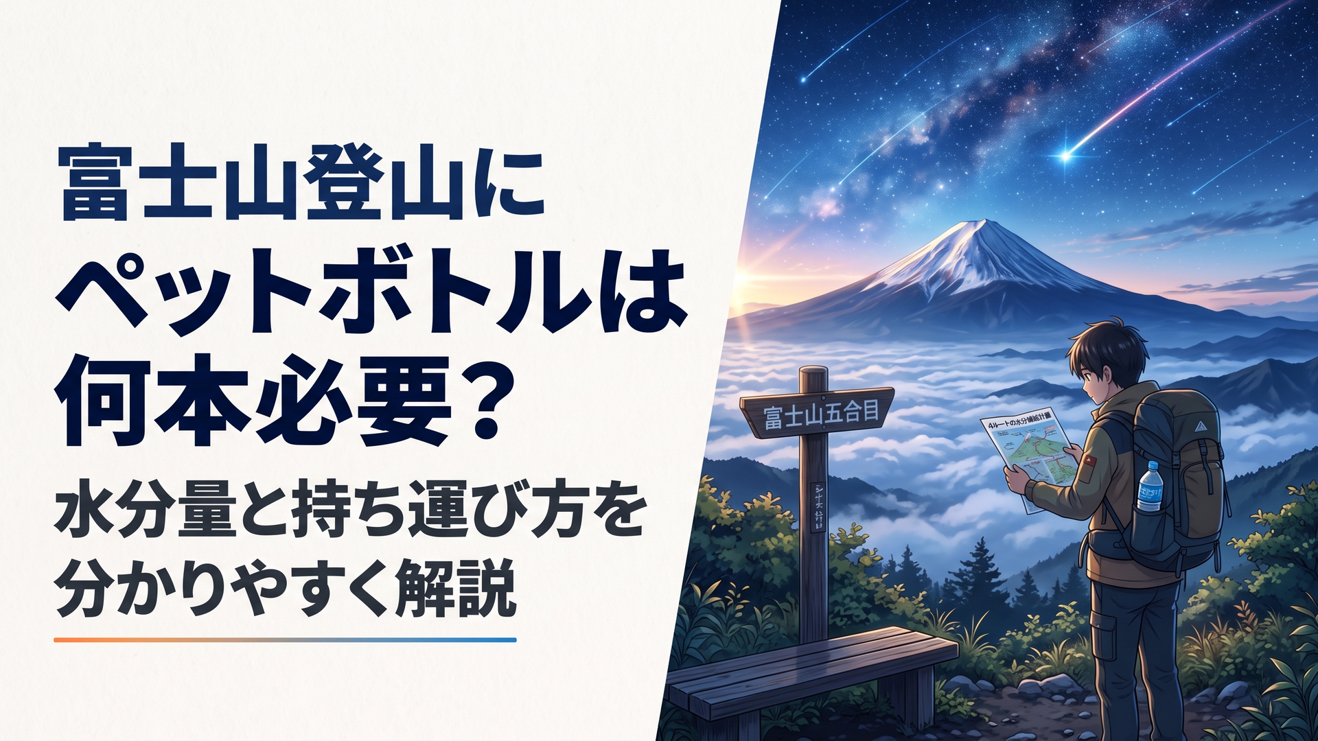 富士山五合目で500mlペットボトルをザックに入れながら4ルートの水分補給計画を確認する登山者
