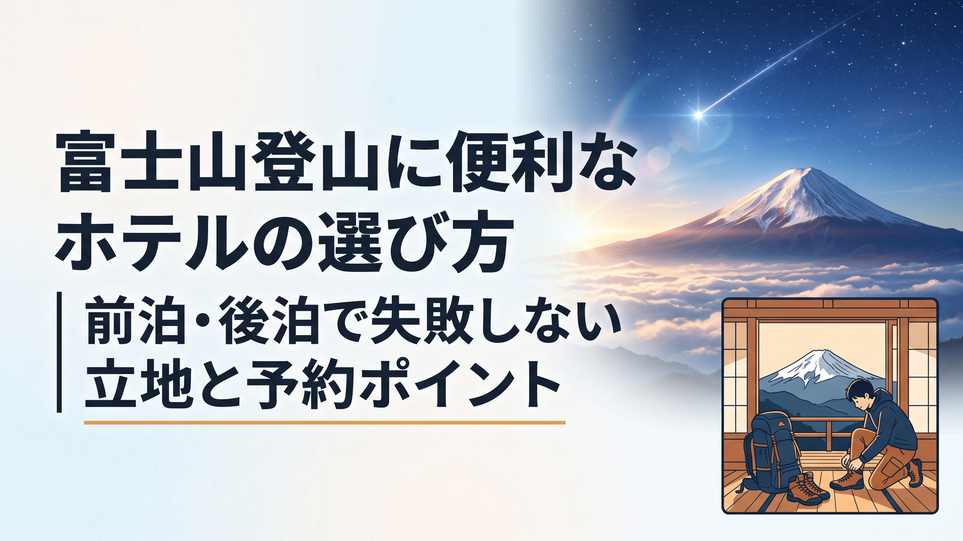 早朝の富士山を望む山麓ホテルで登山靴とザックを整える登山者