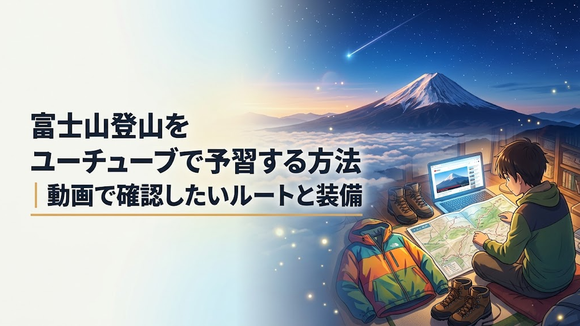 自宅で富士山登山のYouTube動画を見ながら地図とレインウェアや登山靴を確認する登山者