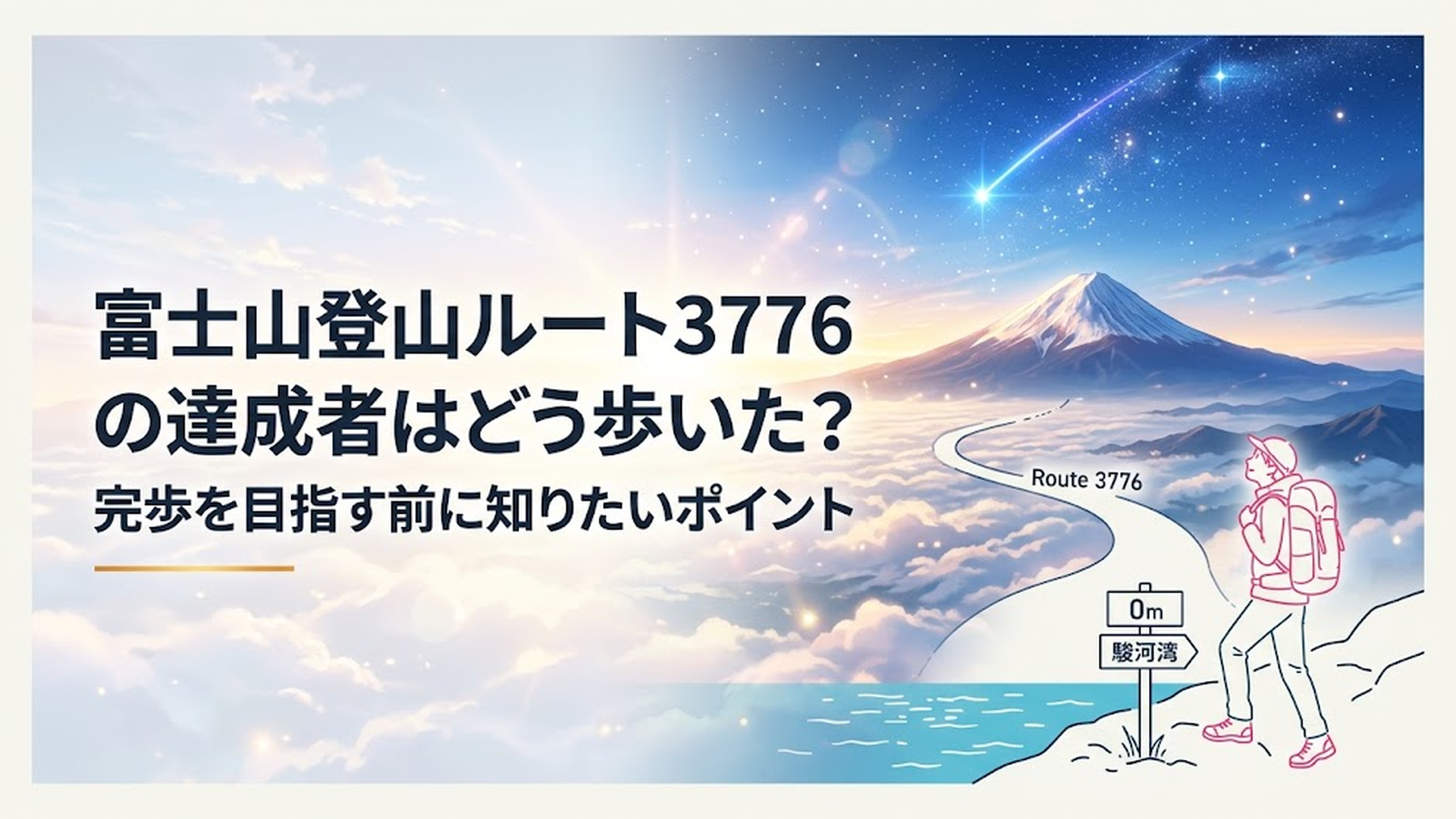 駿河湾の海抜0メートル地点から巨大な富士山を見上げ、Route 3776へ歩き出す登山者