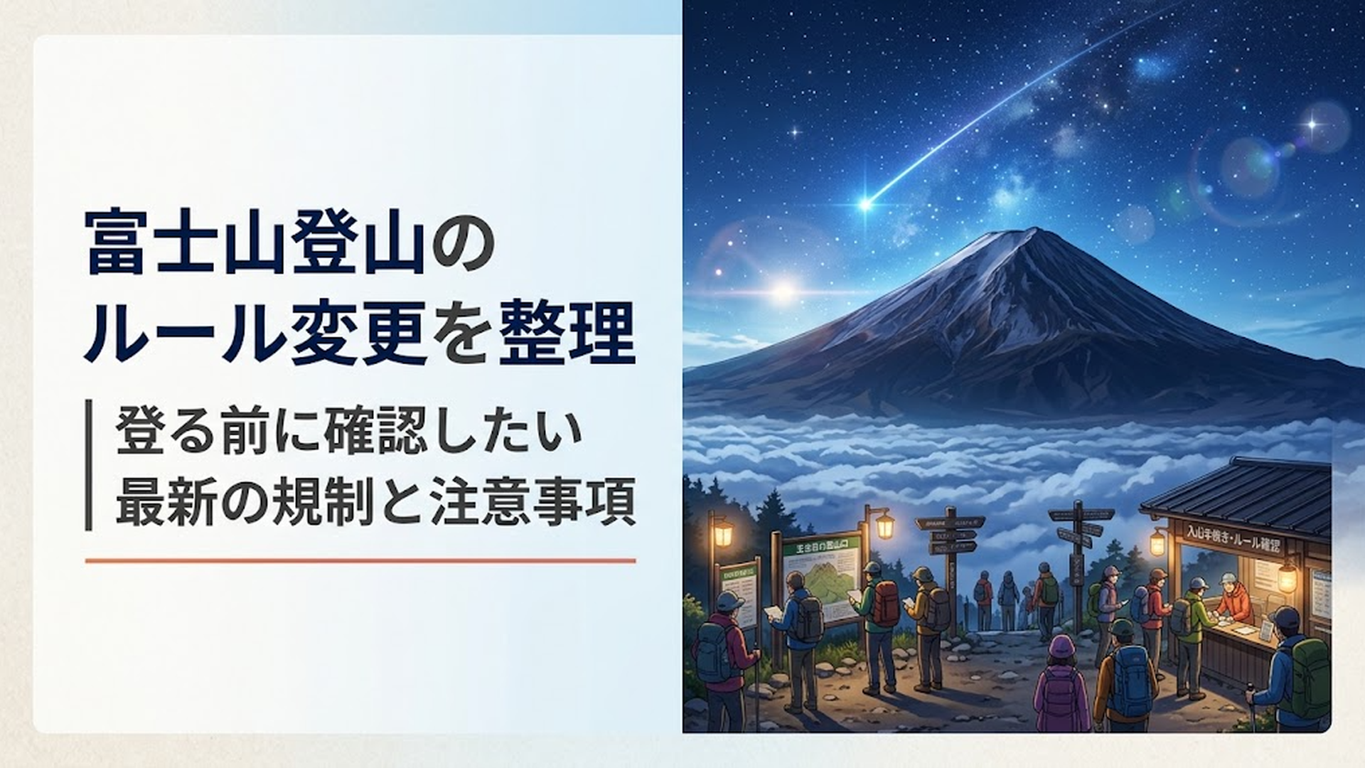 夏の富士山と五合目の登山口でルール確認と入山手続きを行う登山者たち