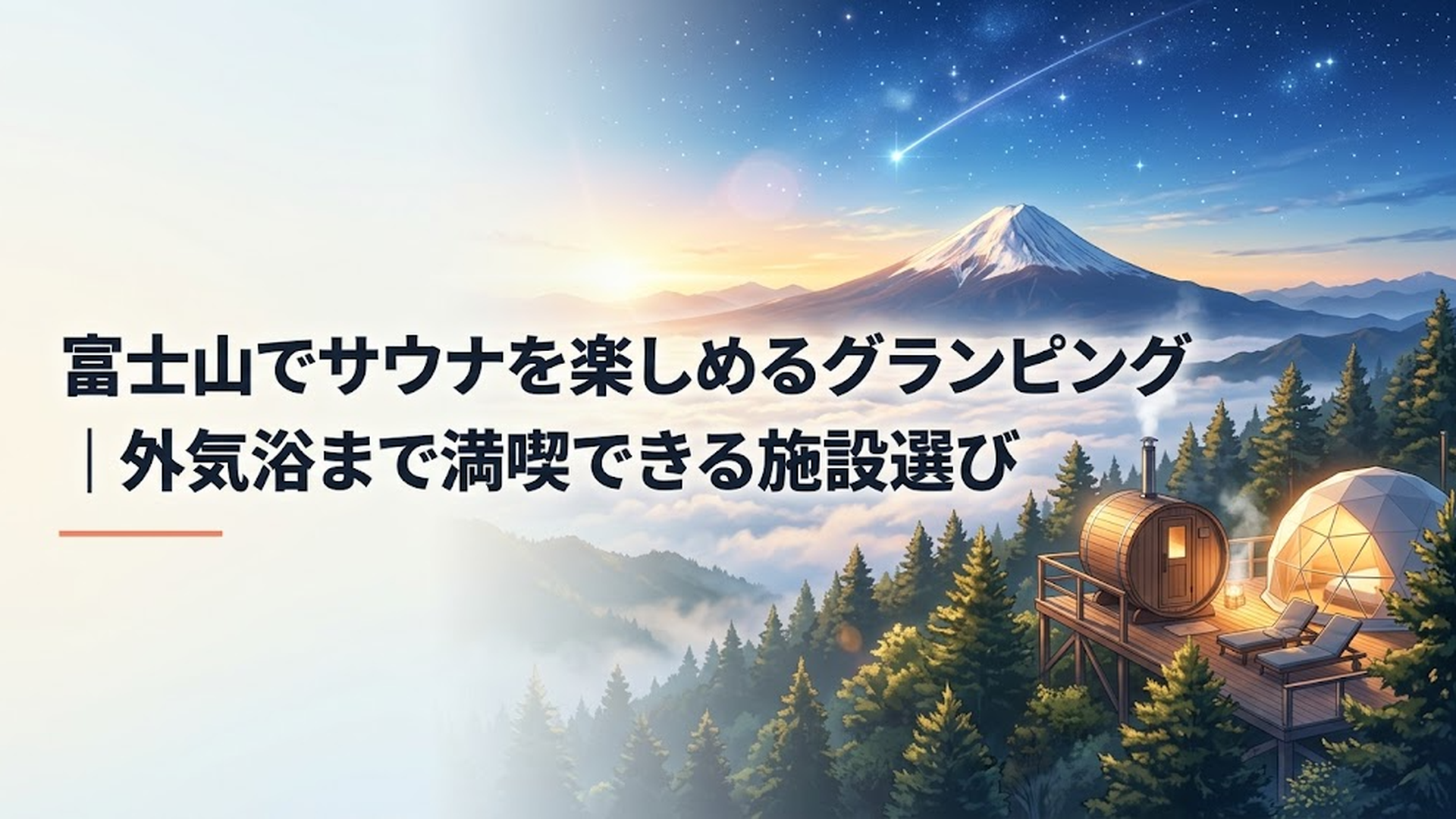 富士山を正面に望むグランピング施設でバレルサウナと外気浴を楽しむ朝の風景
