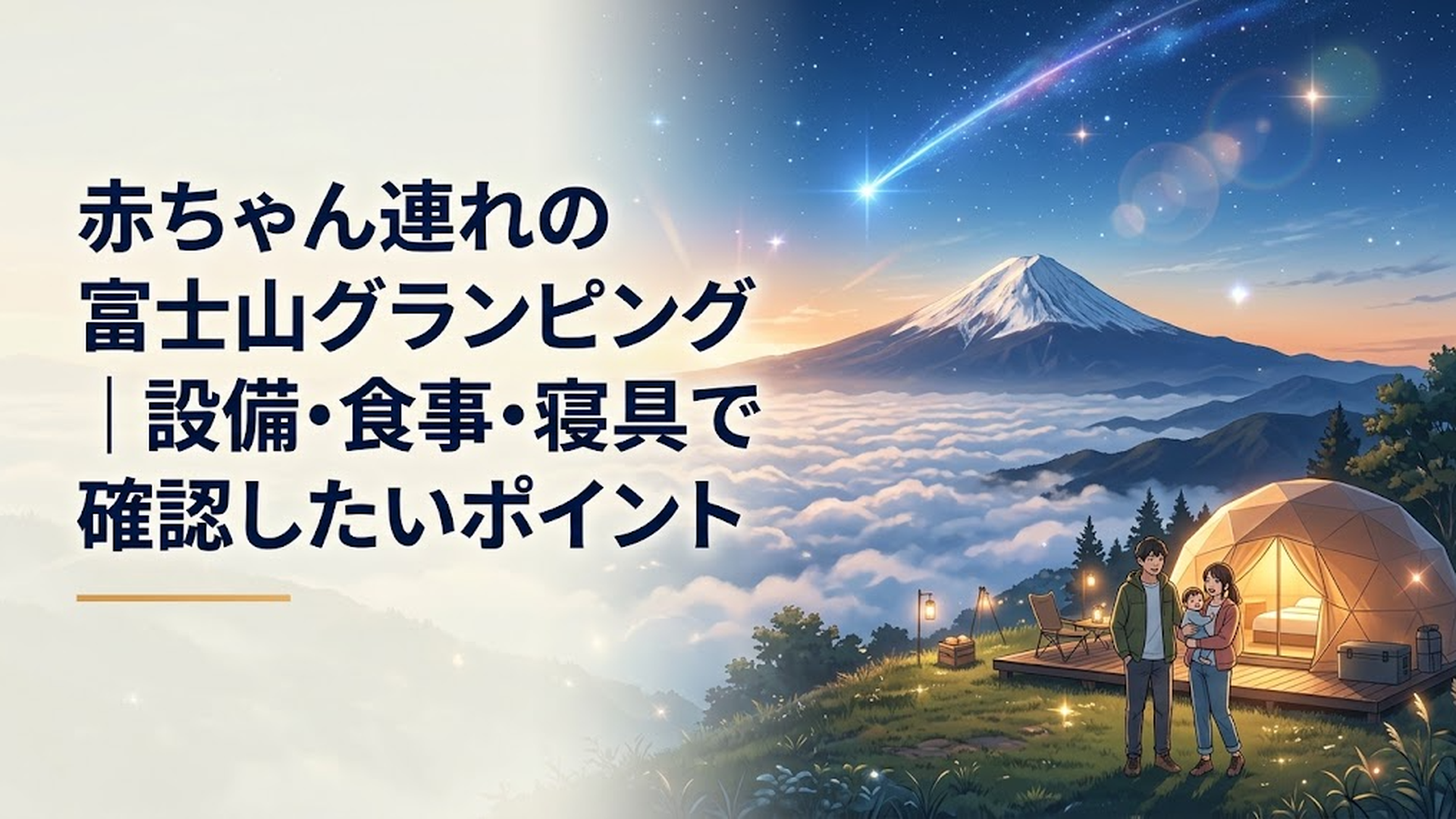 山梨の高原で赤ちゃんを抱いた家族がプライベートドームの前で過ごすグランピング旅行のイメージ