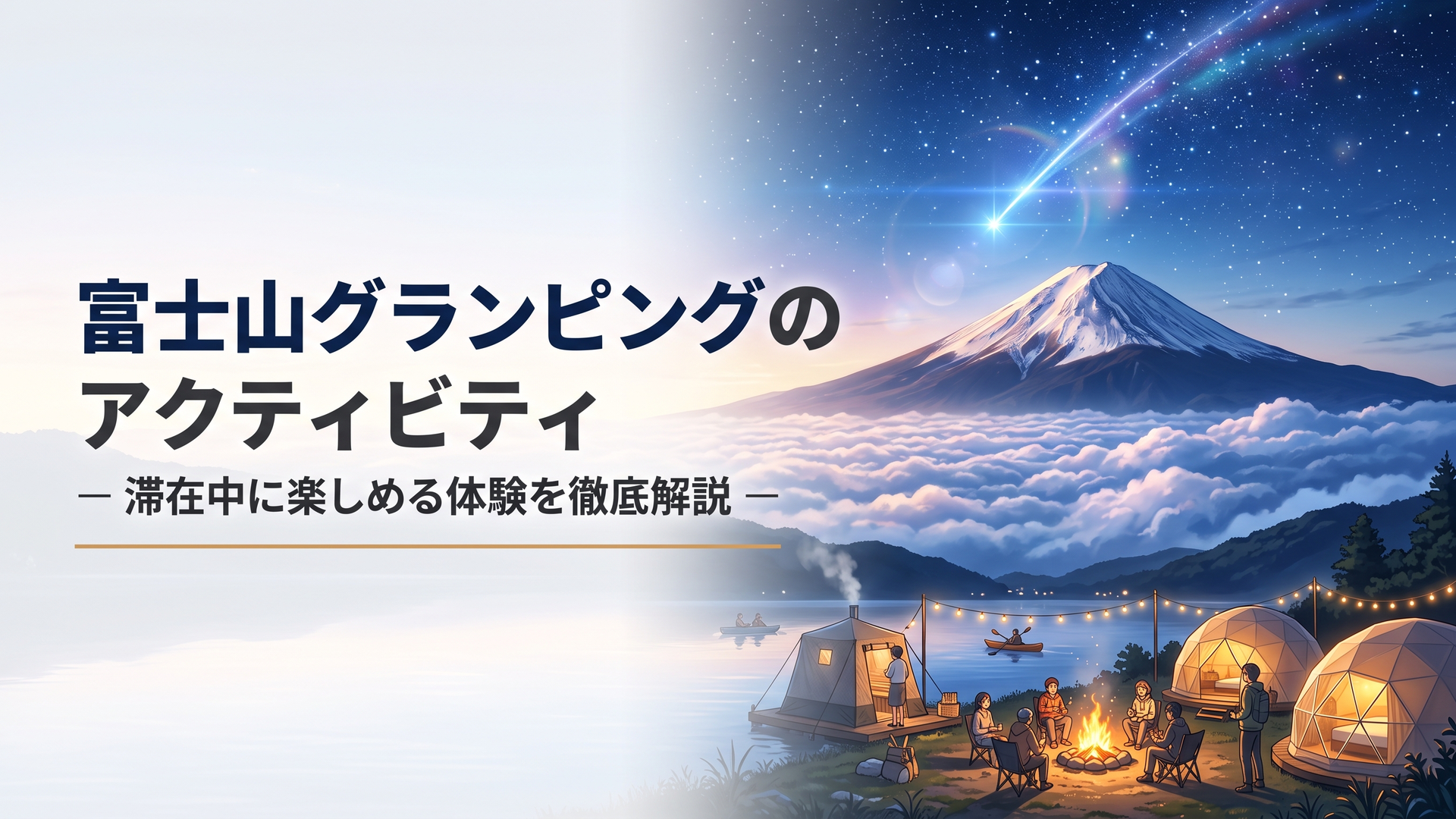 富士山を望むグランピング施設で焚き火とサウナ、湖上アクティビティを楽しむ家族と友人たち