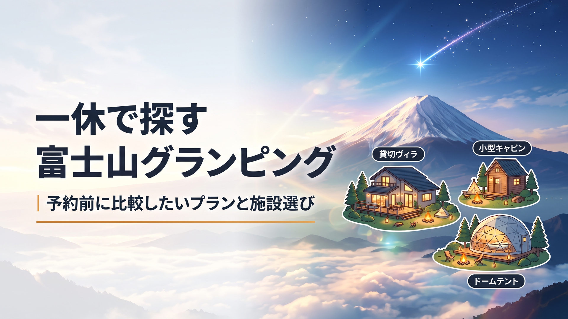 富士山を望む貸切ヴィラと小型キャビンとドームテントを描いた比較イメージ