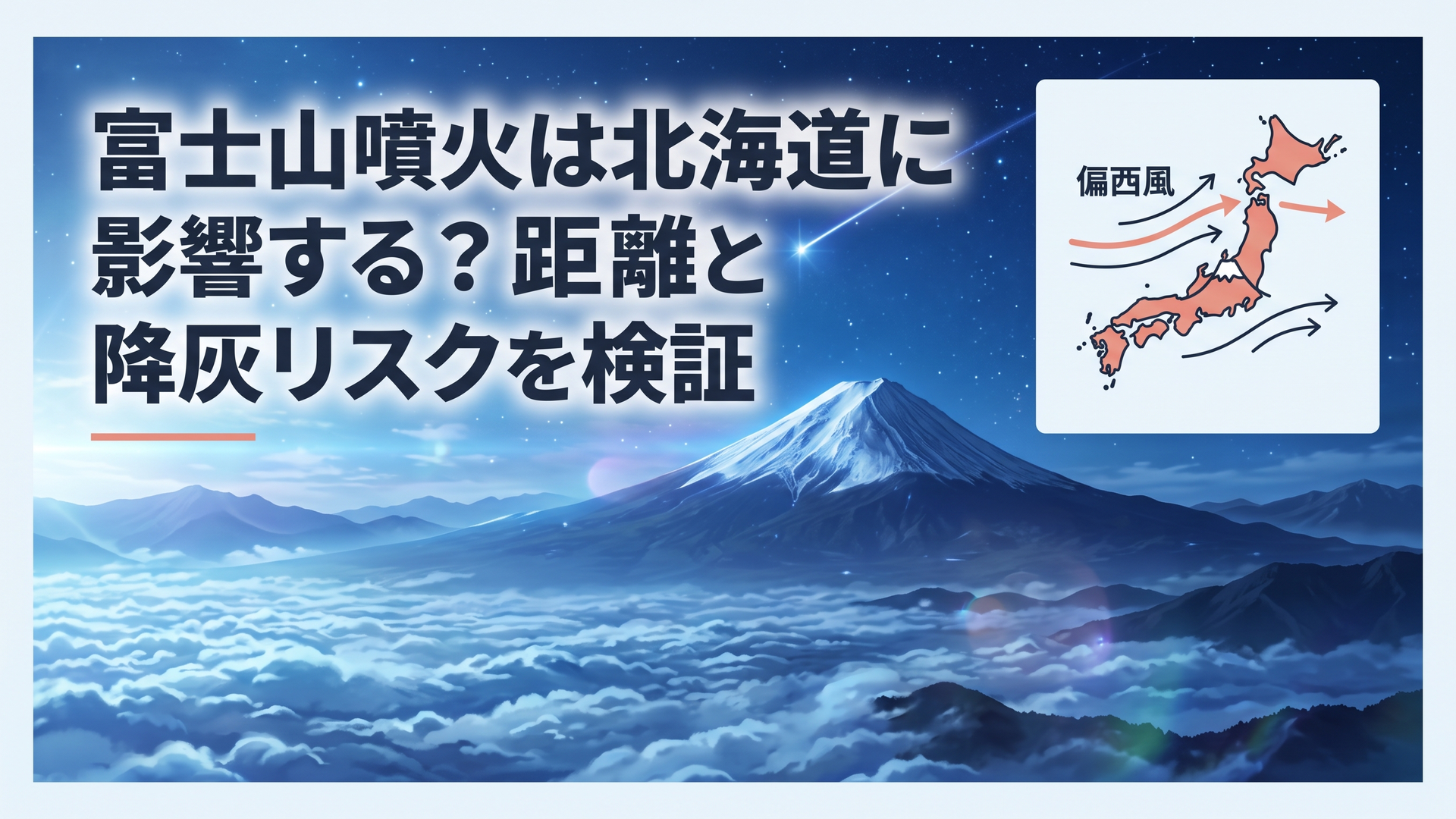冠雪した富士山と上空の偏西風の気流を俯瞰する日本列島の衛星視点