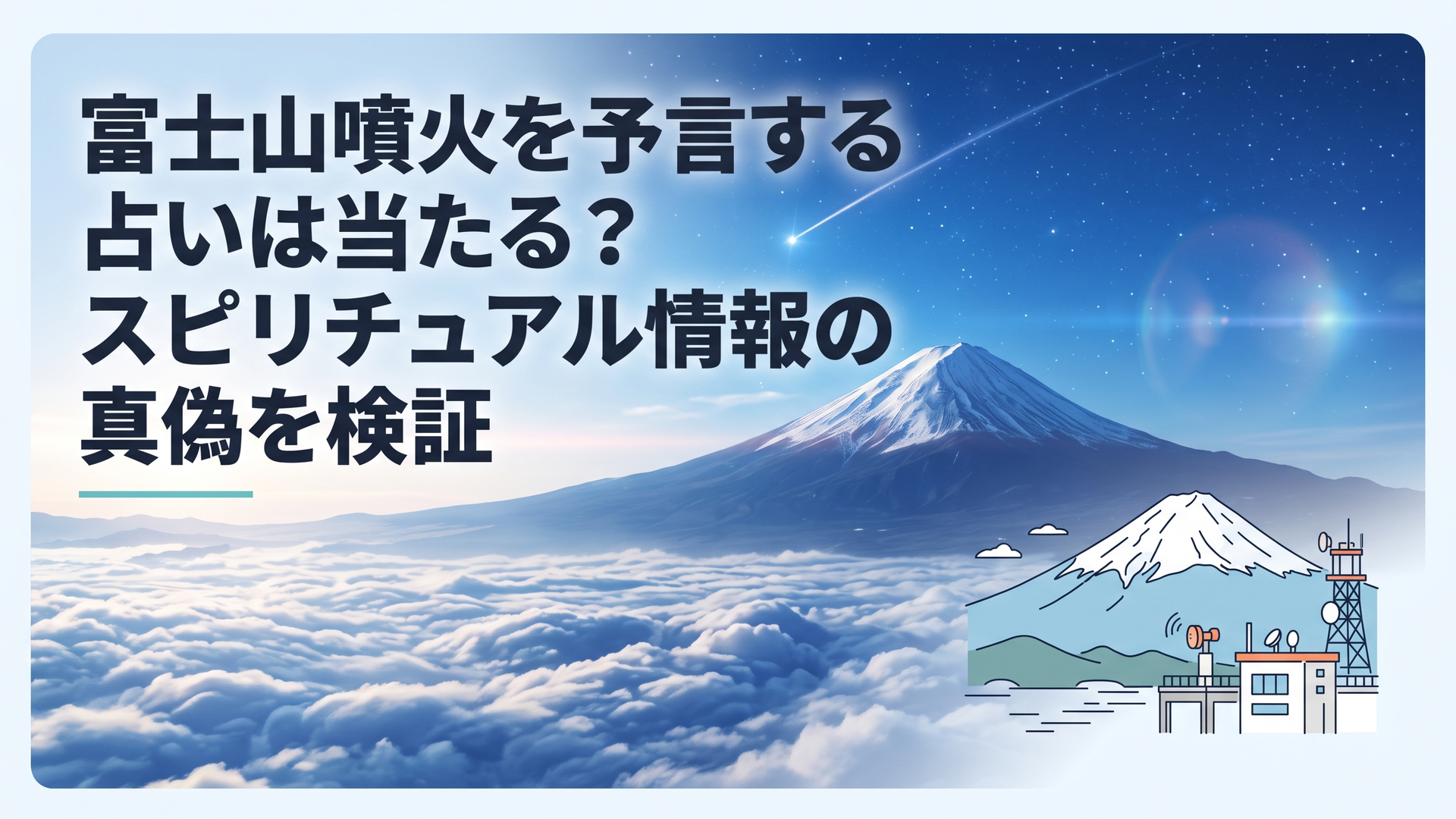 雪化粧を施した壮大な富士山と観測機器が設置された気象観測所の遠景
