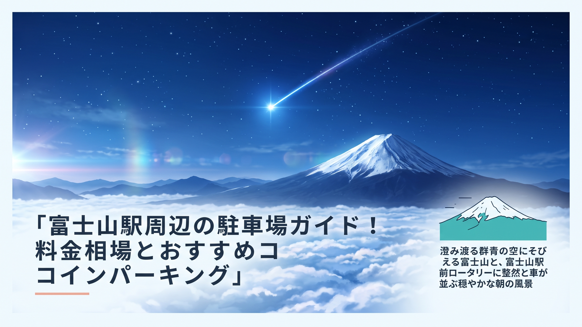 澄み渡る群青の空にそびえる富士山と、富士山駅前ロータリーに整然と車が並ぶ穏やかな朝の風景