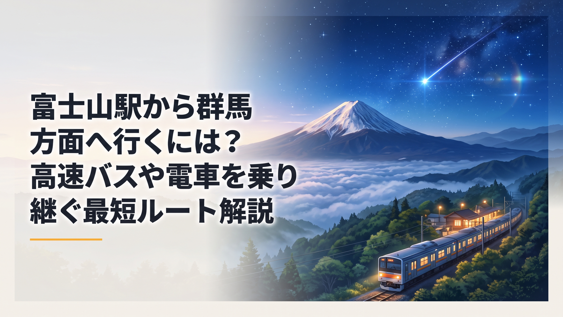 朝の富士山を背に、富士急行の特急列車が山麓の駅から出発していく情景