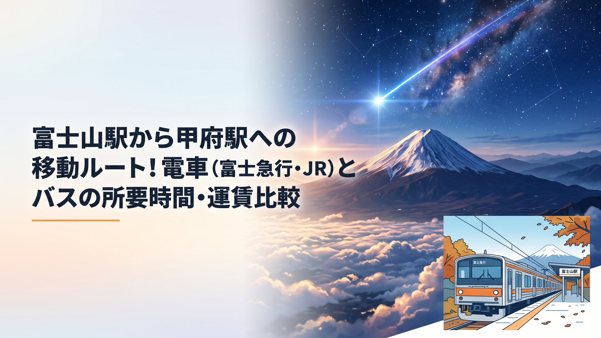 秋の澄んだ空の下、富士山駅前に停まる富士急行の電車と遠くにそびえる富士山