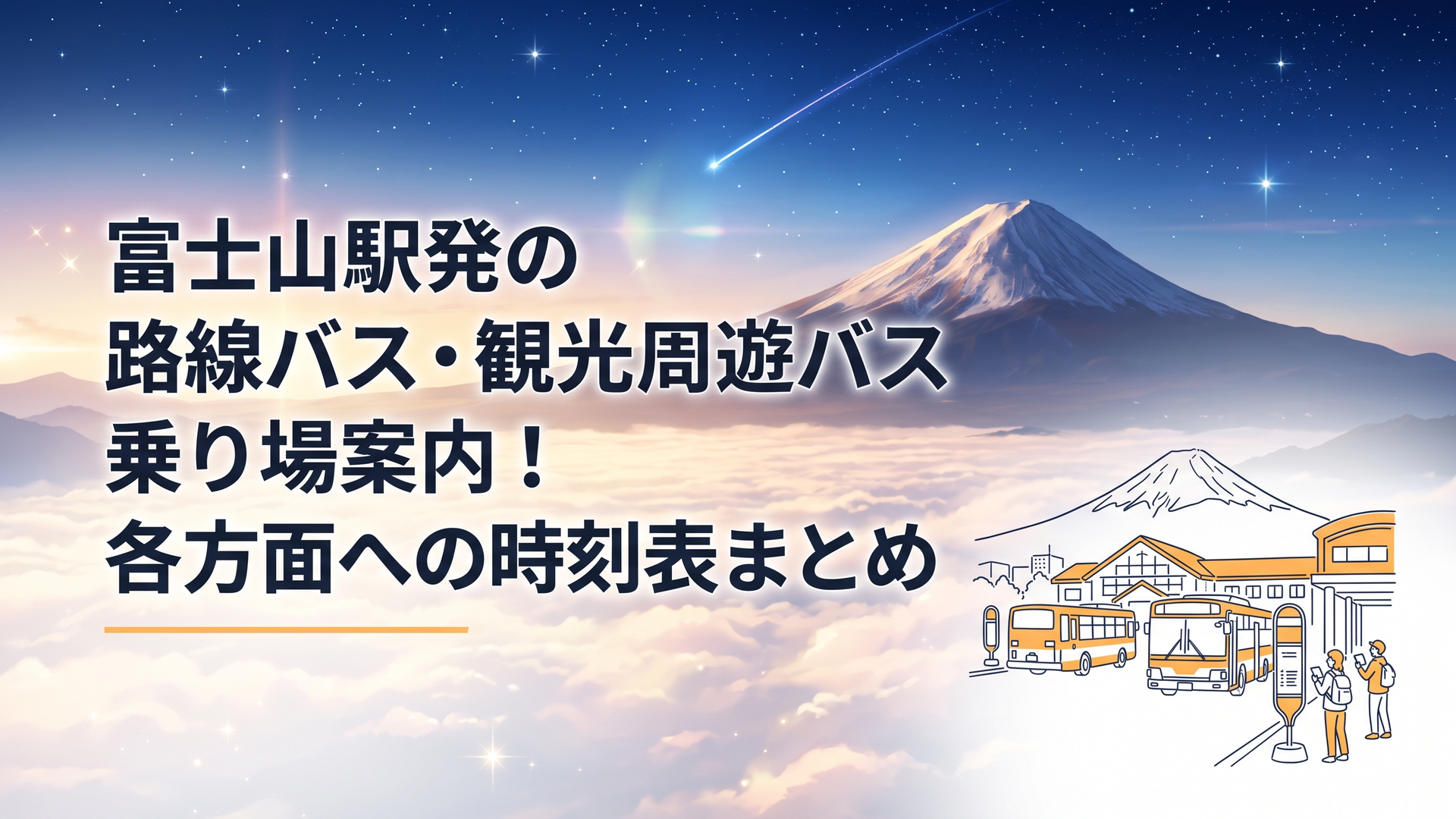 富士山を背景に路線バスが並ぶ富士山駅前と乗り場を確認する旅行者