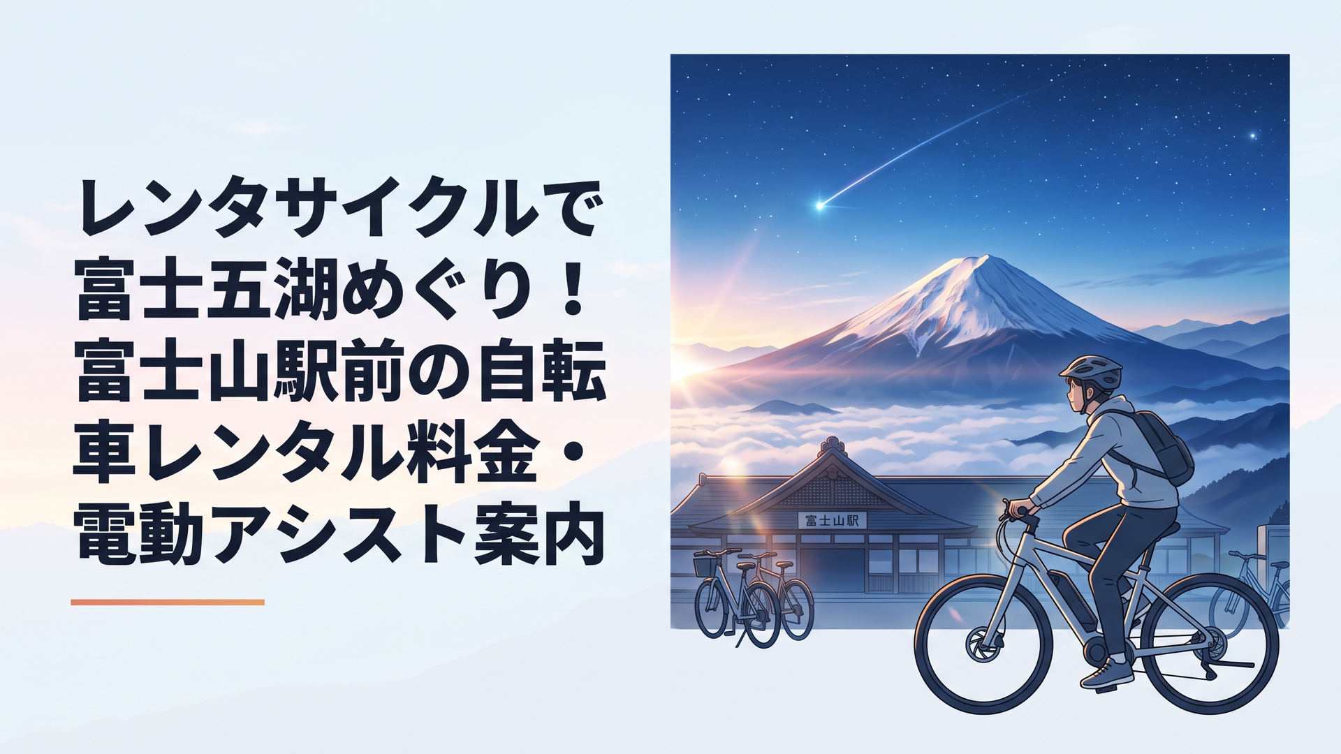 富士山駅前で最新の電動アシスト自転車に乗り、秋晴れの青空と雄大な富士山を背景に出発するサイクリストの風景