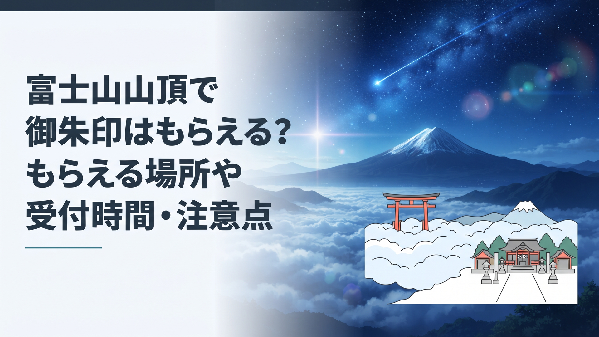 早朝の雲海に浮かぶ富士山頂の鳥居と、厳かな雰囲気に包まれた山頂神社の風景
